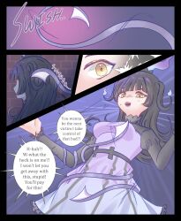 black_hair chandelure comic dialogue dress english_text goth malamar missmilkou nintendo original personification pokemon restrained surprised tentacles text yellow_eyes