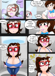 bow_tie brown_hair cleavage comic crop_top dialogue dog_girl glasses hair_clips jeans kobi94 lab_coat large_breasts long_hair ponytail shortstack shrinking speech_bubble text transformation