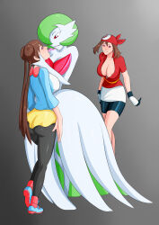  absurdres aged_up ass breasts brown_hair cleavage dazed double_hair_bun female_only femdom femsub gardevoir hair_buns happy_trance hat hypnotic_eyes hypnotic_kiss kaa_eyes kissing large_ass large_breasts legs long_hair may mega_gardevoir nintendo oo_sebastian_oo open_mouth pantyhose pokemon pokemon_(creature) pokemon_black_and_white_2 pokemon_ruby_sapphire_and_emerald rosa_(pokemon) 
