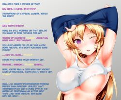 arms_above_head blonde_hair blush bra busshock_(manipper) caption dazed drool erect_nipples erina_nakiri expressionless femsub food_wars! hypnotic_light long_hair looking_at_viewer manip memory_lapse open_mouth purple_eyes resisting see-through solo spiral_eyes sweat symbol_in_eyes text underwear undressing