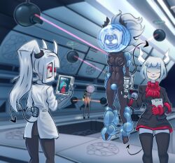  charlie_(hazbin_hotel) demon_girl femdom femsub hazbin_hotel helltaker horns judgement_(helltaker) kneesocks liberdude12 loremaster_(helltaker) lucifer_(helltaker) panty_and_stocking_with_garterbelt tagme tech_control vaggie_(hazbin_hotel) white_hair 