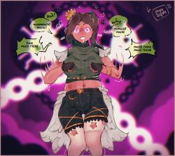  absurdres belt border bouncing_breasts brown_hair celeste_(verbose) cleavage clothed dancing dialogue drool english_text female_only femdom femsub fingerless_gloves flower_in_hair gloves glowing glowing_eyes large_breasts mental_chains midriff mochi_dance navel original pink_eyes pupsoph shorts side_ponytail signature speech_bubble swaying text thigh_gap thighs 