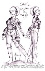 absurdres breasts expressionless female_only femsub justsketchingviolets large_breasts open_mouth robot robotization short_hair sketch text traditional