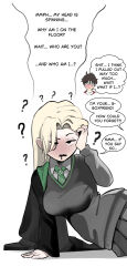  absurdres amnesia blonde_hair blush brain_drain breasts clothed confused draco_malfoy drool english_text femsub genderswap glasses glatu harry_james_potter harry_potter_(series) light_skin long_hair magic maledom memory_alteration open_mouth short_hair simple_background speech_bubble sweater symbol text tie unfocused_eyes white_background 