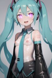  ai_art arm_warmers bangs blue_hair brittle_(generator) cyan_hair empty_eyes erect_nipples erect_nipples_under_clothes femsub grey_background happy_trance headphones latex looking_at_viewer miku_hatsune nipples pink_eyes rubber see-through shirt simple_background skirt small_breasts standing static_eyes tattoo tech_control tie topless twintails vocaloid 