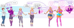  ass ass_expansion banedearg bimbofication blonde_hair breast_expansion breasts brown_hair comic consensual earrings female_only femsub high_heels large_breasts purple_hair text 