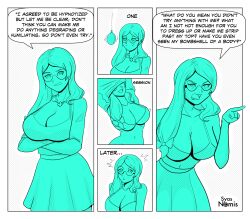  angry before_and_after border bow bra cleavage clothed comic consensual denial dialogue english_text glasses happy_trance long_hair midriff navel necklace original pendulum pocket_watch sayuri_(npsao) signature simple_background skirt smile syas-nomis text topless tsundere undressing white_background 