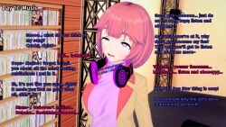 3d dialogue drool english_text eye_roll female_only femdom femsub happy_trance headphones hypnotic_audio hypnotic_music hypnovember julie_(liz_b) koikatsu! liz_b original pink_eyes pink_hair text