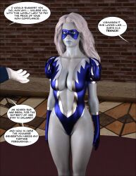 3d abs absurdres blue_eyes blue_lipstick breasts cleavage collarbone female_only femsub gloves huge_breasts icemaiden infinity_inc leotard lipstick member9 pov pov_dom solo standing standing_at_attention super_hero text thick_thighs white_hair