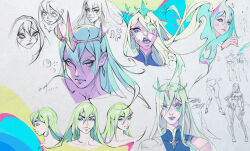 alternate_color_scheme alternate_costume alternate_form arm_warmers aura bare_shoulders blue_hair blue_lipstick body_markings breasts cleavage control_indicator corruption crossover crown crystal earrings english_text evil_smile expressionless eye_color_change eyeshadow facial_markings femsub glowing green_hair hair_covering_one_eye happy_trance high_heels jewelry large_breasts league_of_legends lipstick looking_at_viewer makeup maledom nier_automata open_mouth pale_skin possession reference_sheet ruination shixiang_zhao sketch smile square_enix standing text thighhighs thighs very_long_hair viego_(league_of_legends) white_hair yorha_type_a_no._2