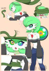  absurdres bubble cleavage clothed coils comic crop_top femsub gardevoir green_hair happy_trance hypnotic_tentacle kaa_eyes knees_together leaning_forward midriff nintendo open_mouth pants pokemon pokemon_(creature) qq08000 shirt short_hair simple_background smile sparkle standing tagme tentacles white_skin 