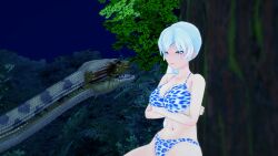 3d angry bikini blue_eyes breasts crossed_arms disney kaa large_breasts leopard_print lipstick long_hair makeup mmd mrkoiru outdoors pale_skin ponytail rwby silver_hair sitting snake the_jungle_book trees weiss_schnee