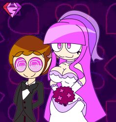  arms_behind_back bare_shoulders bow_tie brown_hair cleavage eyebrows_visible_through_hair eyelashes femdom flower happy_trance heterosexual hypnoscream ic-313n internecion_cube large_ass large_breasts long_hair love malesub max_(internecion_cube) opera_gloves pink_eyes pink_hair shiny_hair short_hair simple_background smile spiral_eyes standing suit veil watermark wedding_dress wide_hips 