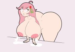  ahoge apopop ass bent_over breasts fairy_ichika femsub hanging_breasts huge_ass huge_breasts lactation long_hair open_mouth pink_hair simple_background spiral_eyes symbol_in_eyes virtual_youtuber 