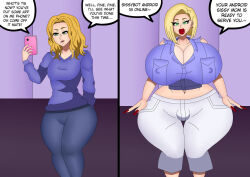 android_18 before_and_after blonde_hair bulge cell_phone cosplay dialogue dragon_ball dragon_ball_z fake_breasts feminization green_eyes hinata-hime huge_hips lipstick malesub nail_polish red_lipstick sissy speech_bubble spiral_eyes standing thick_thighs wide_hips