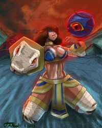  aura black_eyes breasts brown_hair capcom choker cleavage corruption dark_skin darkstalkers egyptian evil_smile female_only femsub green_eyes green_sclera khaibit kneeling large_breasts looking_at_viewer menat midriff multicolored_eyes navel possession red_eyes red_sclera short_hair slit_pupils snake street_fighter tanooki thick_thighs thighs unusual_pupils yellow_sclera 