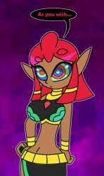  aged_up breasts breath_of_the_wild dark_skin elf_ears english_text female_only femsub gerudo hand_on_hip hypnoscream kaa_eyes large_breasts makeela_riju midriff navel nintendo red_hair short_hair skirt solo tears_of_the_kingdom text the_legend_of_zelda 