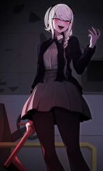 chinuki clothed corruption evil_smile eye_color_change female_only femdom femsub g'ie g'ie_queen happy_trance hundred_line looking_at_viewer nozomi_kirifuji parasite possession red_eyes short_hair skirt smile spoilers the_hundred_line:_last_defense_academy weapon