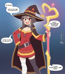 4headboiii before_and_after bimbofication brown_hair flat_chest kono_subarashii_sekai_ni_shukufuku_wo! looking_at_viewer megumin_(konosuba) red_eyes staff tagme text