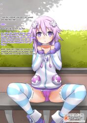 cameltoe dialogue expressionless female_only femsub hoodie hyperdimension_neptunia looking_at_viewer maledom neptune_(hyperdimension_neptunia) open_mouth panties purple_eyes purple_hair sitting solo spread_legs text thighhighs underwear vahn_yourdoom