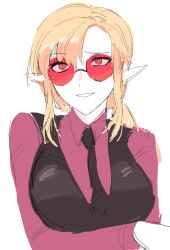 alternate_color_scheme alternate_costume alternate_hairstyle arisa_(shadowverse) blonde_hair breasts clothed coat corruption cosplay costume cygames dead_source elf elf_ears eyebrows_visible_through_hair femsub glasses gloves iceschillendrig joke_(artist) maledom ponytail possession shadowverse simple_background smile spoilers suit sunglasses tie white_background