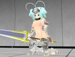  3d 3d_custom_girl ahoge armor bare_shoulders bottomless breasts collar crotch_rub empty_eyes female_only femsub gloves kneeling mintis_(mintis_decotora) mintis_decotora navel nipples opera_gloves pussy_juice red_eyes short_hair solo thigh_boots thighhighs topless twintails unaware weapon 