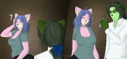 before_and_after blue_hair breasts cat_girl cleavage crystal femsub furry green_hair green_skin happy_trance large_breasts liferien maledom original pendulum pink_skin