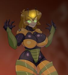  alternate_costume artist_request blonde_hair breasts cleavage corruption cosplay crossover enemy_conversion evil_smile female_only femsub glowing_eyes headdress iggybomb large_breasts mighty_switch_force my_life_as_a_teenage_robot nickelodeon patricia_wagon robot_girl short_hair smile solo thick_thighs thighs vexus wayforward 