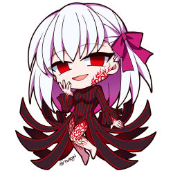 alternate_costume angra_mainyu barefoot body_markings chibi corruption dark_sakura empty_eyes eye_color_change facial_markings fate/stay_night fate/stay_night_heaven&#039;s_feel fate_(series) feet femsub hair_color_change hair_ribbon hand_on_head happy_trance long_hair looking_at_viewer possession red_eyes sakura_matou simple_background smile to40gi white_background