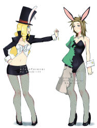  animal_ears blonde_hair brown_hair bunny_ears bunny_girl bunnysuit cuffs empty_eyes expressionless fake_animal_ears female_only femdom femsub long_hair pendulum standing standing_at_attention text transformation twintails 