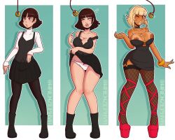  absurdres ass before_and_after bimbofication black_hair blonde_hair breast_expansion breasts brown_hair cleavage dark_skin dress dress_lift eye_roll fishnets heart_eyes large_ass large_breasts large_hips large_lips lip_expansion makoto_niijima pendulum persona_(series) persona_5 red_eyes symbol_in_eyes thick_thighs thighhighs wink wrenzephyr2 