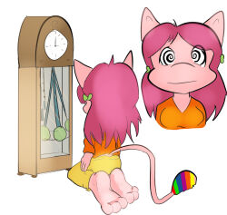 accidental_hypnosis breasts clock clothed feet female_only femsub furry happy_trance large_breasts long_hair mew nintendo non-human_feet pendulum pink_hair pink_skin pokemon spiral_eyes symbol_in_eyes tail zuneycat