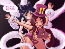 age_regression ahri_(league_of_legends) animal_ears black_hair breasts brown_hair caitlyn_(lol) diaper femdom femsub groping hat heart heart_eyes hypnotic_tail large_breasts latex league_of_legends lilith-fetish long_hair open_mouth pacifier symbol_in_eyes tentacles text topless yuri