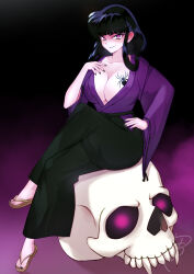  alternate_costume black_hair body_markings breasts cleavage clothed crossed_legs empty_eyes eye_color_change femsub glowing_eyes hand_on_hip huge_breasts inuyasha_(series) kikyo_(inuyasha) long_hair looking_at_viewer maledom nail_polish naraku_(inuyasha) pale_skin possession purple_eyes sandals sitting skull smile tattoo toenail_polish yamimochi 