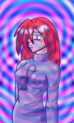 breasts empty_eyes expressionless female_only femsub hypnogoat666 large_breasts long_hair red_hair solo spiral standing standing_at_attention