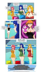 bare_shoulders blue_eyes breasts cleavage collarbone comic daisy_(pokemon) dlobo777 enemy_conversion femsub gloves grey_background huge_breasts large_breasts lily_(pokemon) looking_at_viewer misty navel nintendo orange_hair pokeball pokemon pokemon_(anime) pokemon_red_green_blue_and_yellow ponytail shorts smile team_hypno text thick_thighs violet_(pokemon)