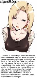  android_18 bare_shoulders black_eyes blonde_hair breasts caption clothed collarbone deathwish_(manipper) dragon_ball earrings empty_eyes erect_nipples_under_clothes female_only femsub large_breasts maledom manip open_mouth shirt short_hair signature simple_background solo tank_top tech_control text white_background 