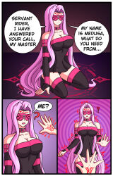 alerith bare_shoulders blindfold body_markings breasts cleavage comic command_seal confused dialogue english_text facial_markings fate/grand_order fate/stay_night fate_(series) femsub hypnotic_tattoo large_breasts magic_circle maledom medusa_(fate) medusa_(rider)_(fate) purple_hair ritsuka_fujimaru_(male) sitting speech_bubble spiral_background surprised symbol tattoo text thighhighs thighs very_long_hair