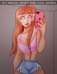  animated animated_eyes_only animated_gif brown_hair cell_phone cleavage collarbone femdom femsub glasses mizspiral selfie tagme text 