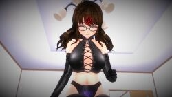  3d ahoge bare_shoulders bondage boots breasts brown_hair cleavage closed_eyes collar control_indicator crotch_tattoo custom_maid_3d_2 female_only femsub glasses gloves happy_trance large_breasts li_q long_hair midriff navel opera_gloves original sitting smile text thigh_boots thighhighs thong 
