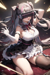  ai_art arms_above_head bare_shoulders black_hair boots bow bow_tie breasts cleavage dead_source demon_lilium_(generator) dress female_only femsub garter_straps gloves kneeling multicolored_hair nijisanji open_mouth rena_yorumi solo thick_thighs thighhighs twintails virtual_youtuber visor 