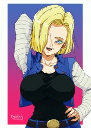 android_18 belt blonde_hair breasts dragon_ball drool female_only femsub happy_trance kaa_eyes large_breasts liesday ring_eyes short_hair smile spiral_eyes symbol_in_eyes