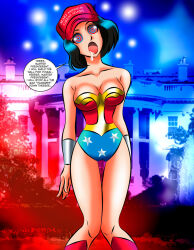 arm_bands black_hair breasts cleavage dc_comics donald_trump drool female_only femsub hat large_breasts open_mouth politics short_hair solo spiral_eyes super_hero symbol_in_eyes text wonder_woman zorro-zero