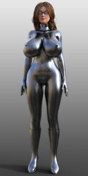 3d breasts collar debra_sampson_(theheckle) female_only fembot femsub glasses graybot high_heels large_breasts milf original robot robotization solo standing standing_at_attention tech_control theheckle whitewash_eyes