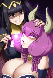 ai_art aura_(frieren:_beyond_journey&#039;s_end) black_hair braid cleavage confused crossover drool empty_eyes evil_smile eye_roll fire_emblem fire_emblem_awakening frieren:_beyond_journey&#039;s_end hand_on_head huge_breasts hypnotic_orb lillytank_(generator) novelai_(ai) open_mouth purple_hair ring_eyes tharja twintails