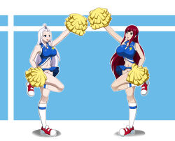 absurdres breasts cheerleader dlobo777 empty_eyes erza_scarlet fairy_tail female_only femsub happy_trance large_breasts mirajane_strauss open_clothes open_mouth red_hair sneakers very_long_hair white_hair