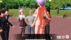 3d antenna ass aware belt blue_eyes blush body_control boots bottomless breasts brown_hair business_suit collar crown dialogue embarrassed exhibitionism glasses hitori humiliation jewelry large_breasts multiple_girls nipples nude original purple_eyes purple_hair remote_control short_hair tech_control text topless undressing unhappy_trance