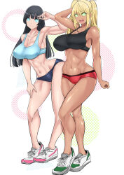  abs akemi_soryuin bare_legs black_hair blonde_hair breasts female_only femsub glowing glowing_eyes gym_uniform hibiki_sakura how_heavy_are_the_dumbbells_you_lift? huge_breasts large_hips legs long_hair looking_at_viewer manip midriff misterman4_(manipper) multiple_girls muscle_girl open_mouth short_shorts shorts spiral_eyes symbol_in_eyes tagme tea_indian twintails 