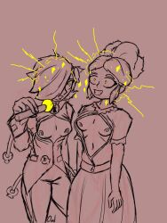  accidental_hypnosis brawl_stars colette_(brawl_stars) denzeldukito electricity exposed_chest femsub glowing_eyes hypnotic_light large_breasts multiple_subs open_clothes piper_(brawl_stars) self_hypnosis smile undressing 