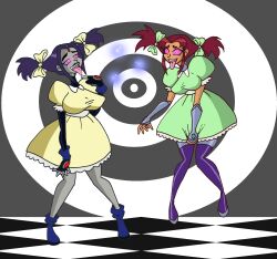 alien alien_girl bow dc_comics dress female_only femsub grey_skin happy_trance kaa_eyes lordebonfuze mother_mae_eye open_mouth pink_eyes purple_hair raven red_hair smile starfire super_hero teen_titans tongue tongue_out twintails western
